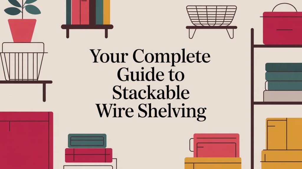 Illustration of shelves, baskets, and stacked boxes around the text Your Complete Guide to Stackable Wire Shelving on a beige background.