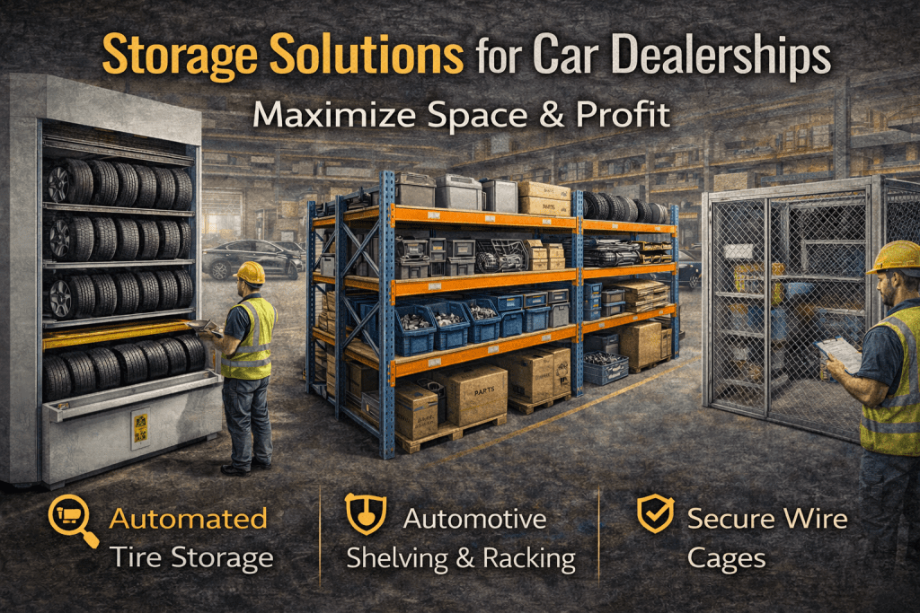 A warehouse with workers managing automated tire storage, automotive shelving with boxes, and secure wire cages. Text highlights storage solutions for car dealerships: Maximize space & profit with advanced organization and efficiency.