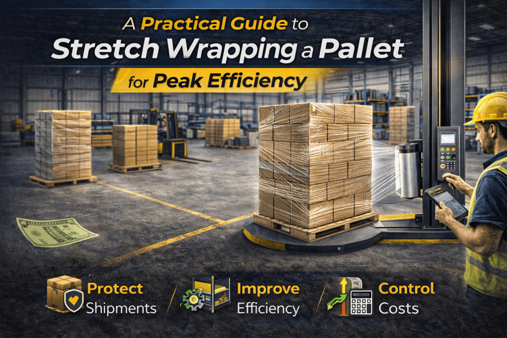 Warehouse scene with stacked pallets being stretch-wrapped by a worker using a machine. Text highlights a guide to stretch wrapping a pallet to protect shipments, improve efficiency, and control costs. Icons and graphics included.