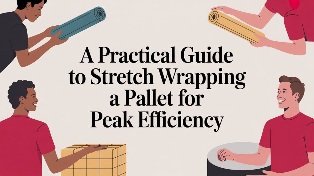 Four people hold rolls of stretch wrap and a pallet while smiling around the text, “A Practical Guide to Stretch Wrapping a Pallet for Peak Efficiency,” on a beige background.