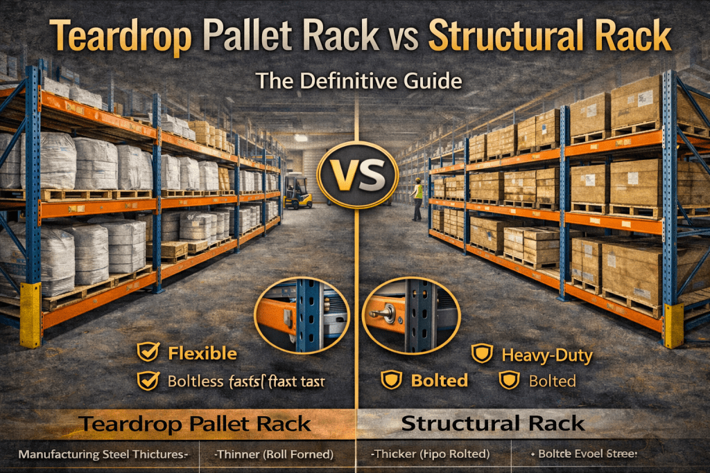Side-by-side comparison of teardrop pallet rack vs structural rack in warehouses—teardrop (left, flexible, boltless), structural (right, heavy-duty, bolted)—with close-up details and feature list at the bottom.