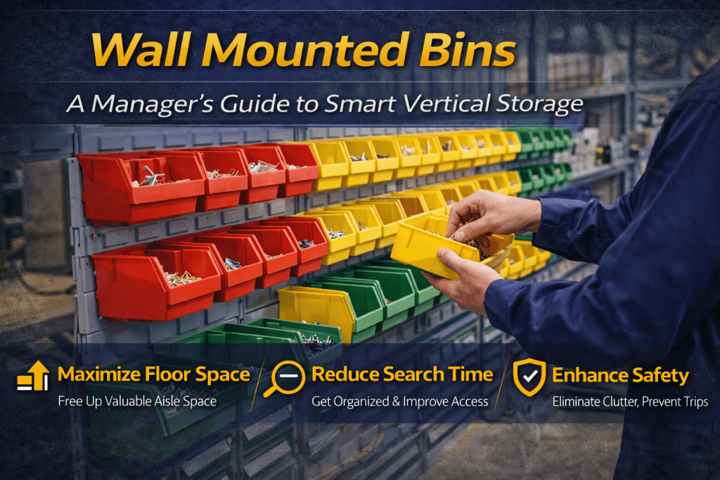 A person organizes small items into colorful wall-mounted bins in a storage area. Text highlights benefits: maximizing floor space, reducing search time, and enhancing safety for managers using vertical storage solutions.