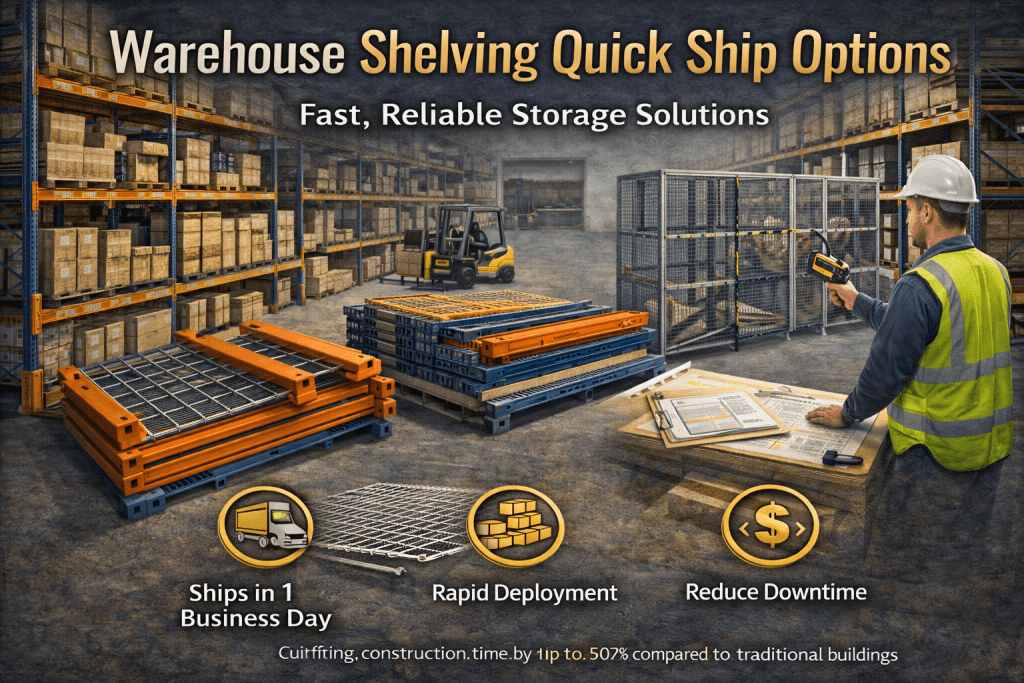 A warehouse with metal shelving, stacked pallets, and a worker in a hard hat using a handheld device. Text highlights warehouse shelving quick ship options, featuring fast shipping icons for rapid deployment and less downtime.