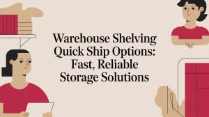 Illustration of two people with shelves and boxes, featuring the text: Warehouse Shelving Quick Ship Options: Fast, Reliable Storage Solutions in bold black font on a light background.