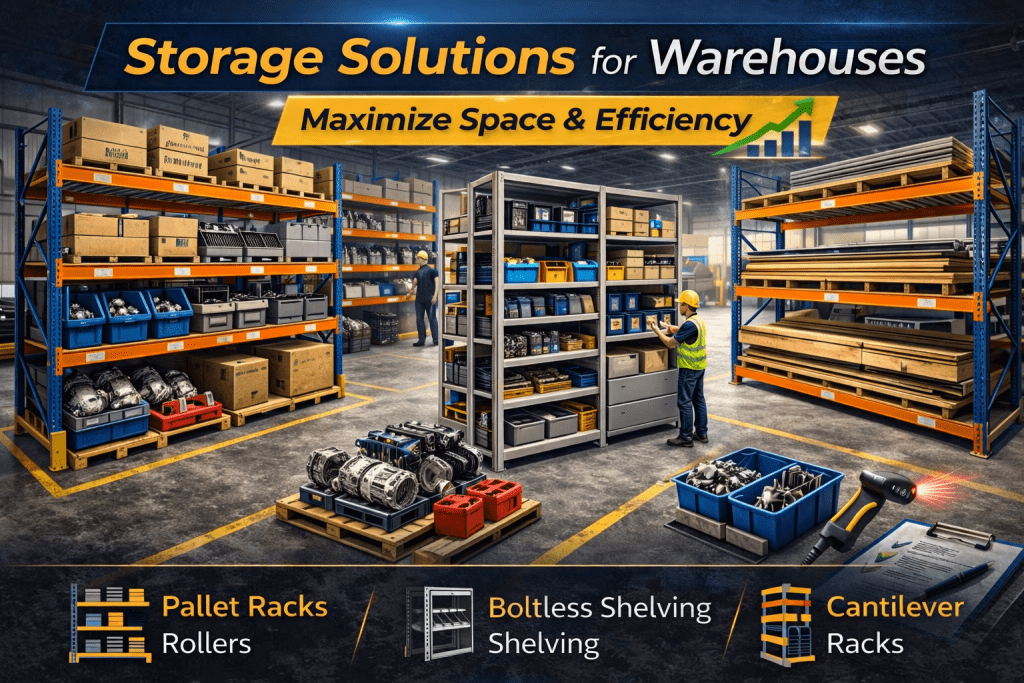 A worker in a safety vest organizes boxes on pallet racks, boltless shelving, and cantilever racks. Text promotes storage solutions from a trusted warehouse shelving supplier near me to maximize space and efficiency.