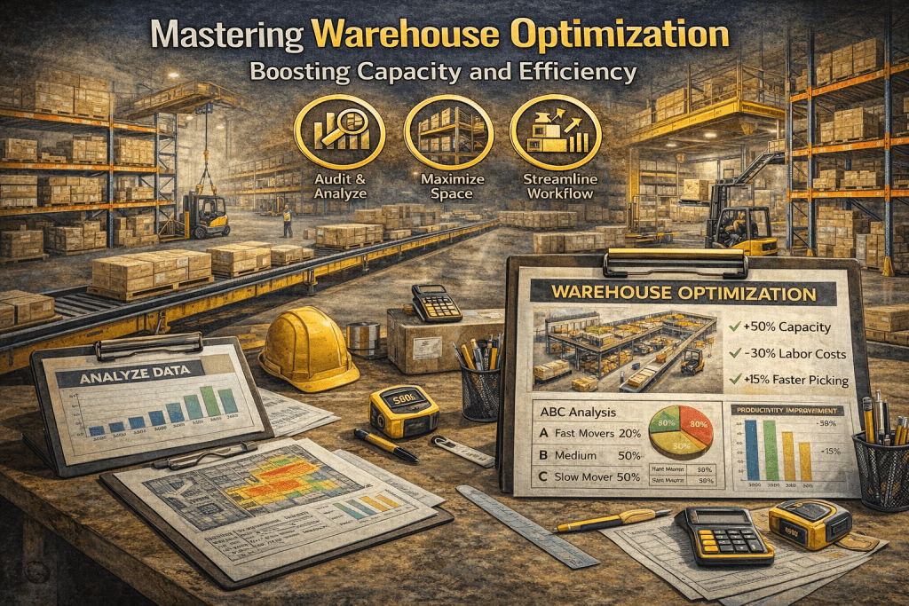 Digital illustration of a warehouse with shelves, boxes, and conveyors, displaying charts on devices. Icons highlight audit, warehouse slotting optimization, and workflow streamlining. Text details warehouse optimization benefits and data analysis.