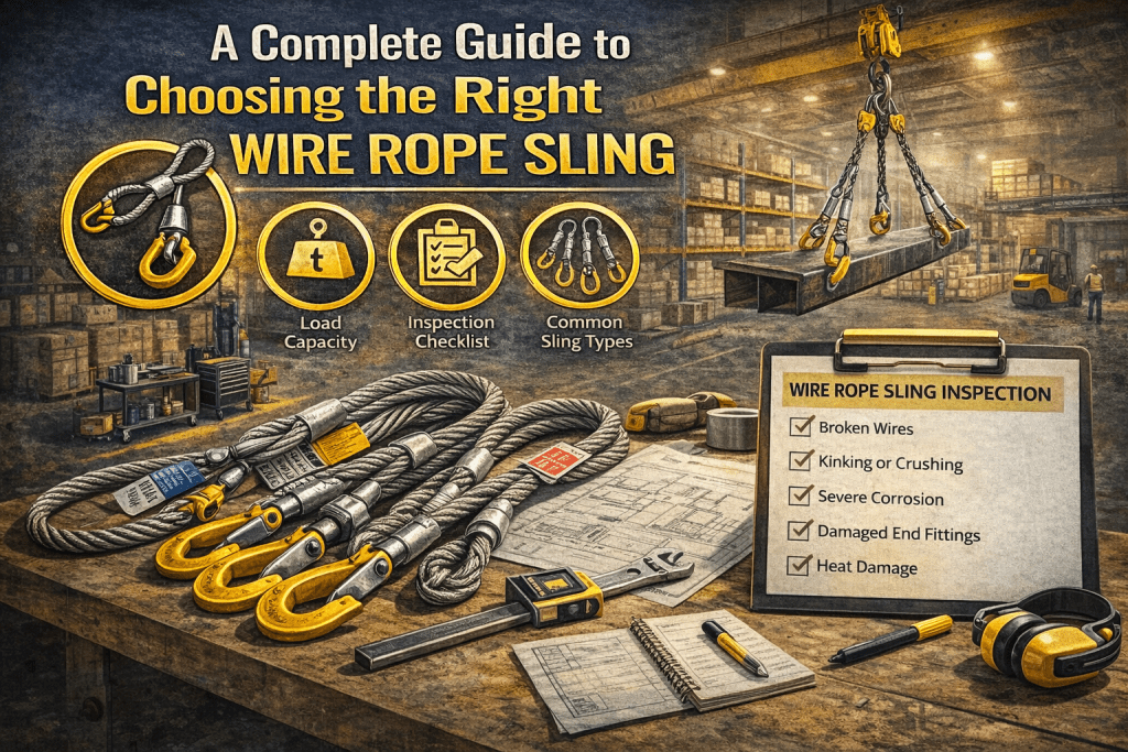 Illustrated guide for choosing wire rope slings shows various wire rope sling types, key factors like load capacity and inspection, plus a handy checklist for wire rope sling inspection inside a warehouse. Tools and blueprints complete the scene.