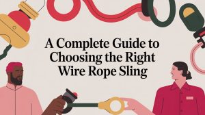 Illustration of a man and woman holding wire rope equipment, with loops and hooks framing the text: A Complete Guide to Choosing the Right Wire Rope Sling. Bold and colorful design elements surround the central title.