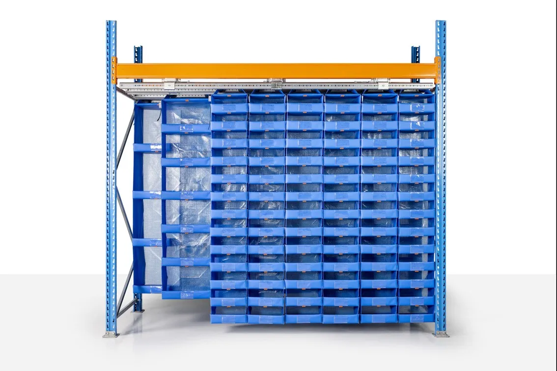 Storeganizer pocket storage system installed in pallet rack bay