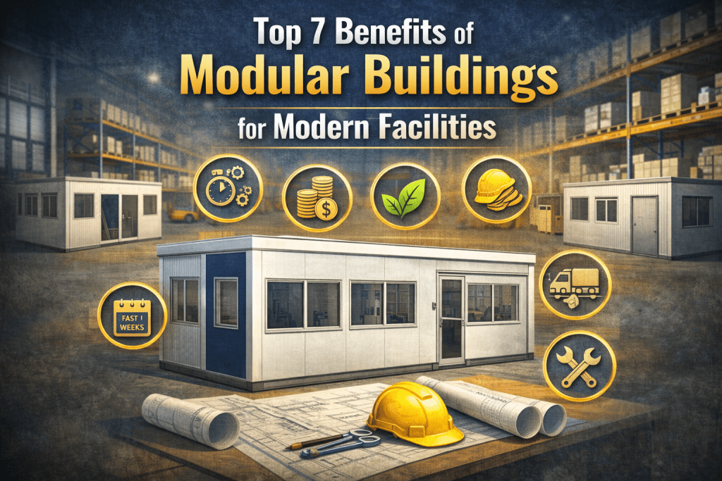 A modular building sits in a warehouse surrounded by blueprints, a hard hat, and tools. Icons above highlight the key benefits of modular buildings—speed, cost savings, sustainability, safety, flexibility, and efficiency for modern facilities.