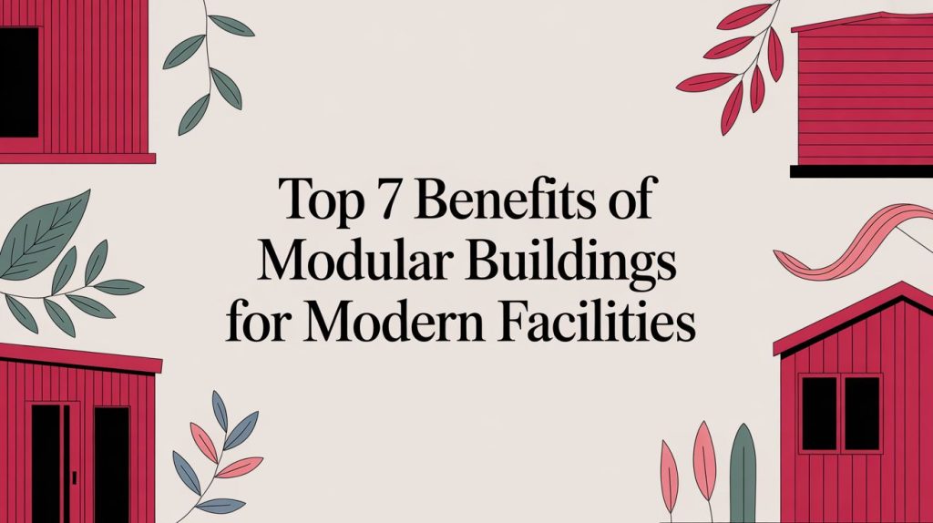 Text reading Top 7 Benefits of Modular Buildings for Modern Facilities surrounded by red building illustrations and decorative leaves on a light background.