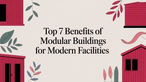 Text reading Top 7 Benefits of Modular Buildings for Modern Facilities surrounded by red building illustrations and decorative leaves on a light background.