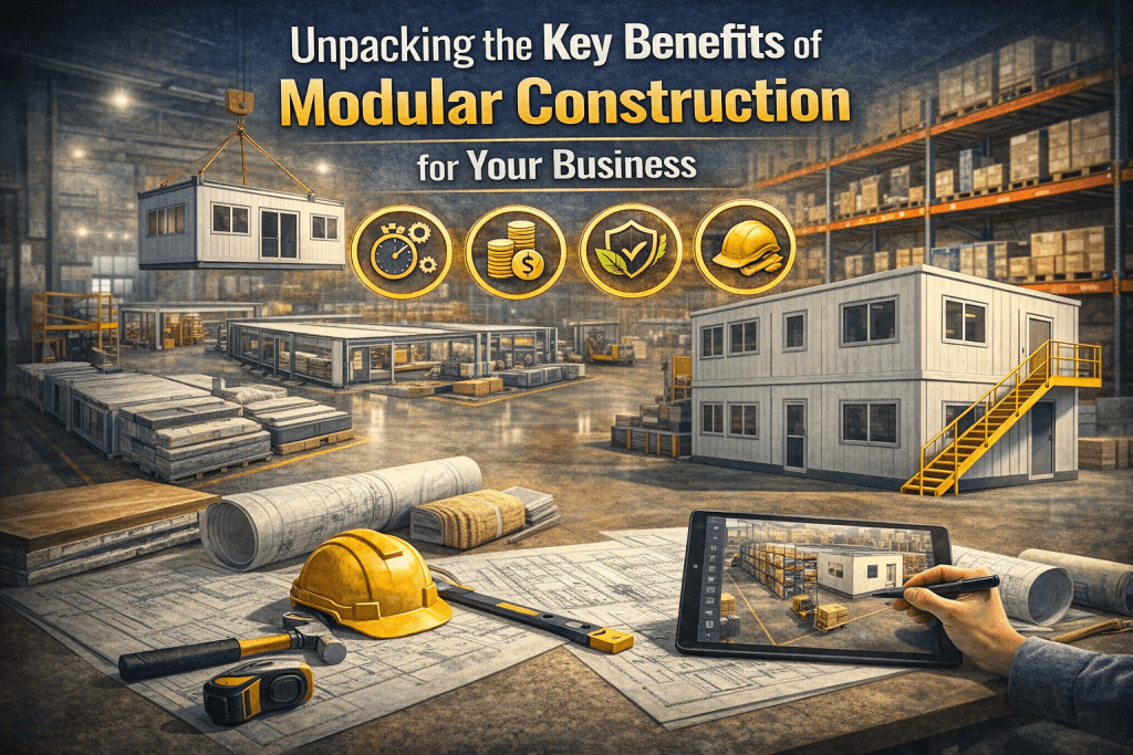 A person uses a tablet to view modular construction plans in a warehouse with stacked sections, hard hats, and blueprints. Icons highlight benefits like speed, savings, sustainability, and safety. Text reads: Key Benefits of Modular Construction.