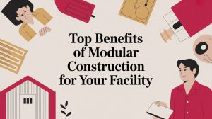 Illustration with two people, abstract shapes, and a small building surrounding the text: Top Benefits of Modular Construction for Your Facility.