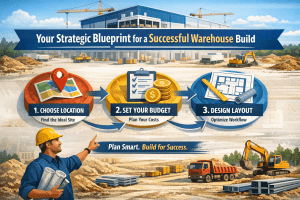 Illustration showing steps to build a warehouse: choose location, set budget, design layout. Construction site background with workers, building plans, cranes, and vehicles. Banner reads, “Plan Smart. Build for Success.”.