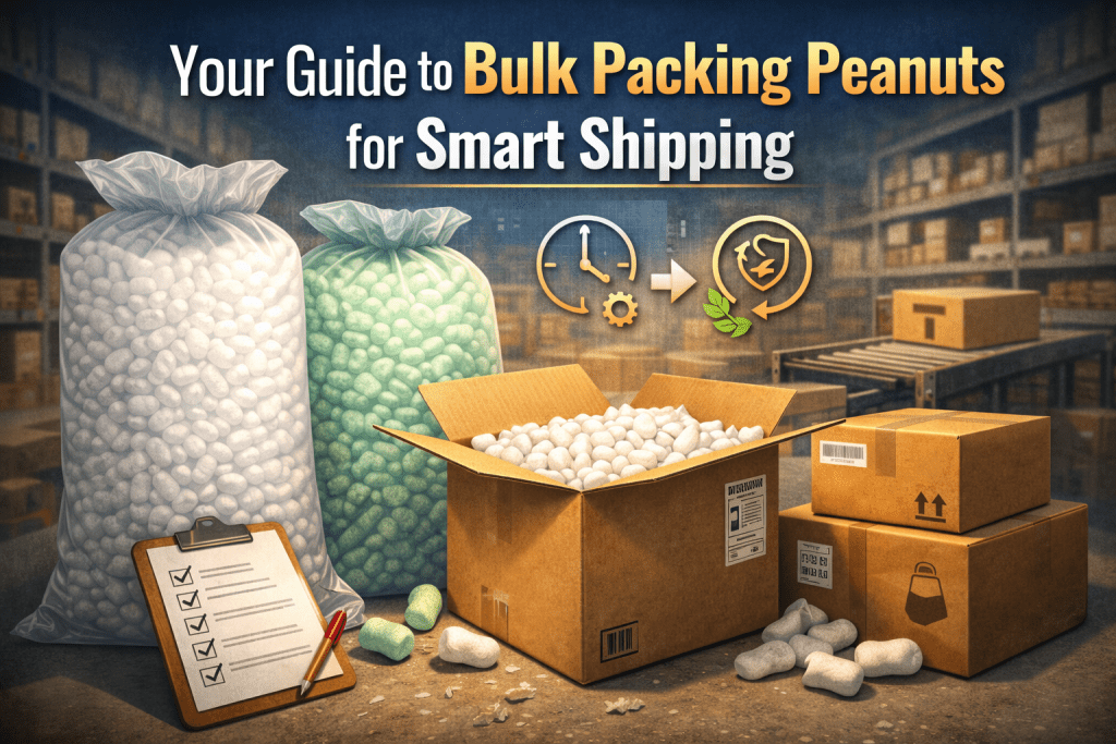 A warehouse with large bags and a box filled with bulk packing peanuts, a clipboard with a checklist, and icons for time and eco-friendliness. Text reads, Your Guide to Bulk Packing Peanuts for Smart Shipping.