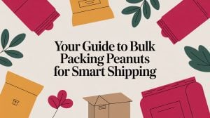 Illustration of various shipping boxes and leafy graphics surrounding the text: Your Guide to Bulk Packing Peanuts for Smart Shipping.