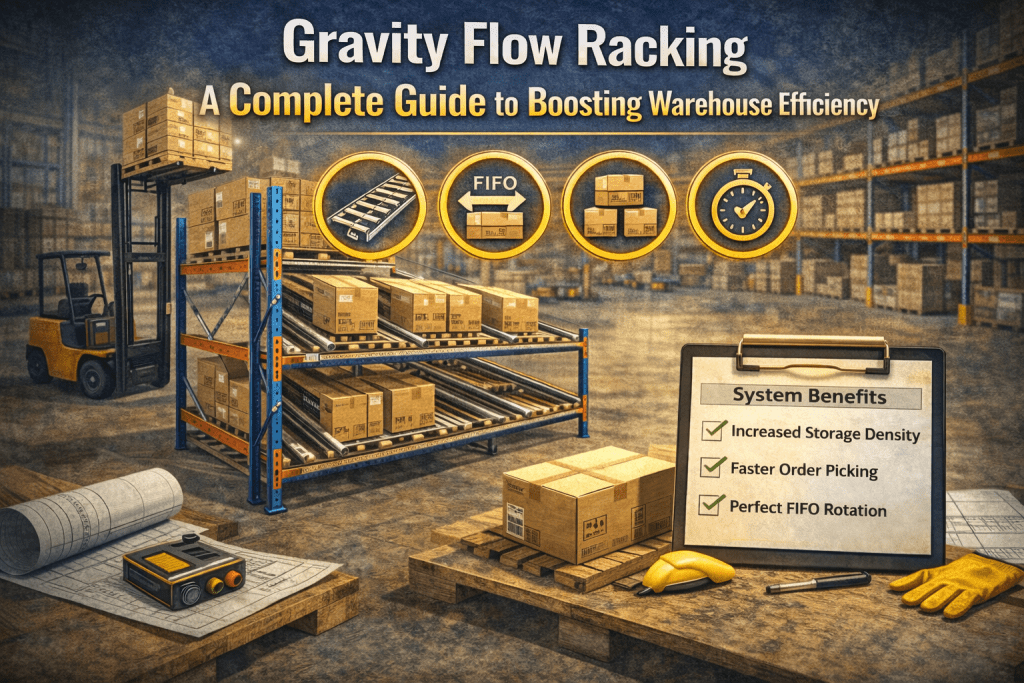 A warehouse with shelves, boxes, a forklift, and diagrams showcases gravity flow racking benefits: increased storage density, faster order picking, and perfect FIFO rotation, highlighted by system icons and a checklist.