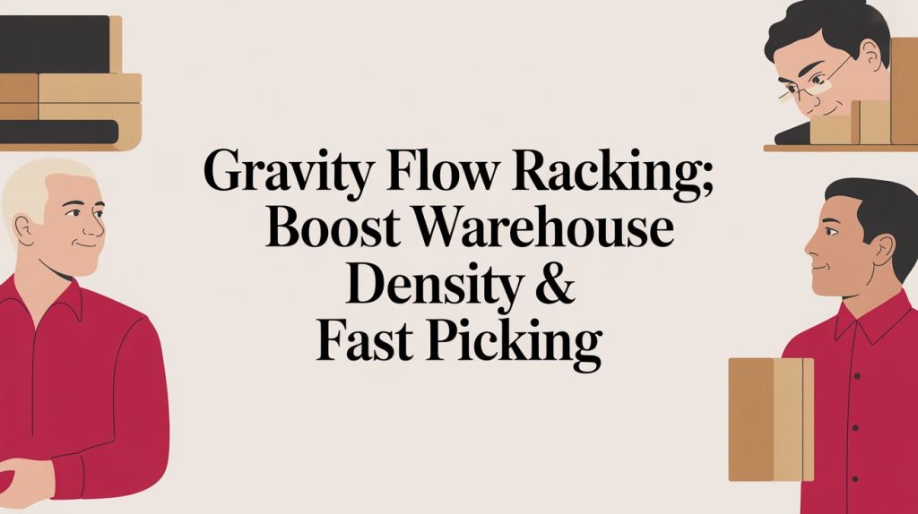 Illustration of three people holding boxes around bold text that reads: Gravity Flow Racking; Boost Warehouse Density & Fast Picking. The background is light beige.