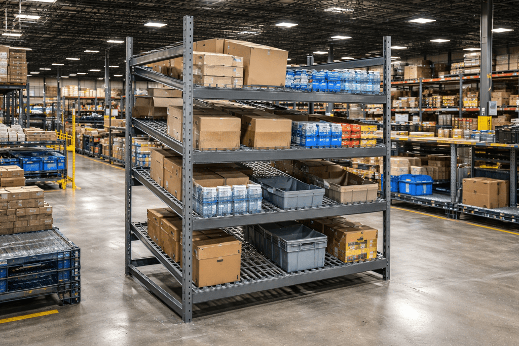 A large metal shelving unit with gravity flow racks in a warehouse holds cardboard boxes, plastic containers, and bottled water. The warehouse has high ceilings, concrete floors, and more shelves filled with goods in the background.