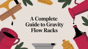 Illustrated items like bottles, cups, and trays surround the text “A Complete Guide to Gravity Flow Racks” on a light background with green leaves.