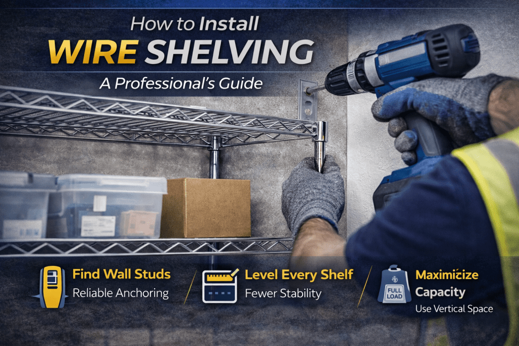 A person in work gloves uses a power drill to show how to install wire shelving on a wall. Tips include finding wall studs, leveling shelves, and maximizing capacity by using vertical space. Storage bins are visible on the shelves.