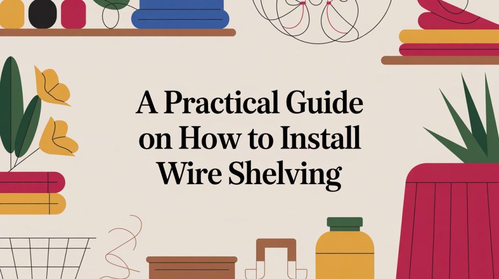 Illustrated background with plants, jars, baskets, and wire shelves surrounds the text A Practical Guide on How to Install Wire Shelving.