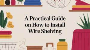Illustrated background with plants, jars, baskets, and wire shelves surrounds the text A Practical Guide on How to Install Wire Shelving.