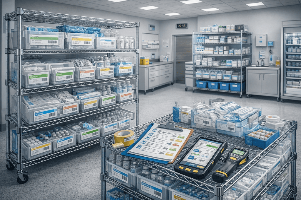 A well-organized hospital supply room shows how to organize medical supplies, with metal shelves holding labeled bins, a rolling cart with equipment and checklists in the foreground, and bright overhead lighting.