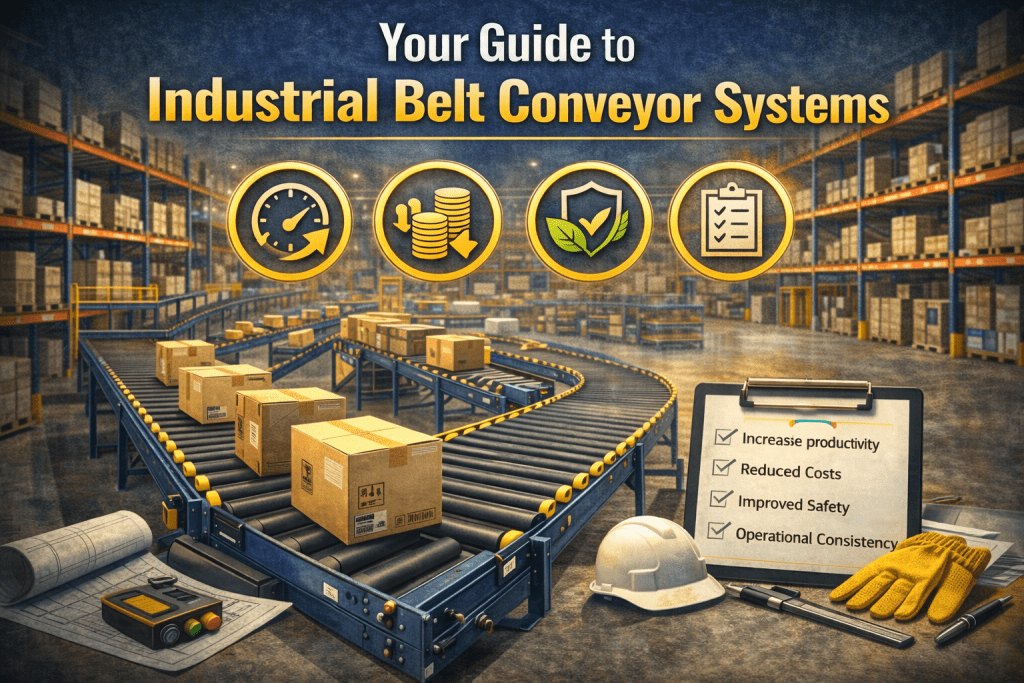 A warehouse with shelves and boxes features a belt conveyor system moving packages, improving warehouse efficiency. Icons highlight productivity, cost reduction, safety, and consistency. Safety gear and a checklist emphasize the benefits of these systems.