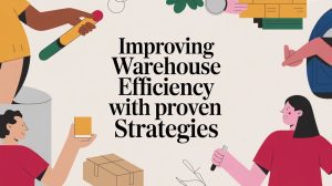 Illustration of people handling packages and warehouse items surrounds the text: Improving Warehouse Efficiency with proven Strategies. Various hands hold boxes, markers, and equipment on a light background.