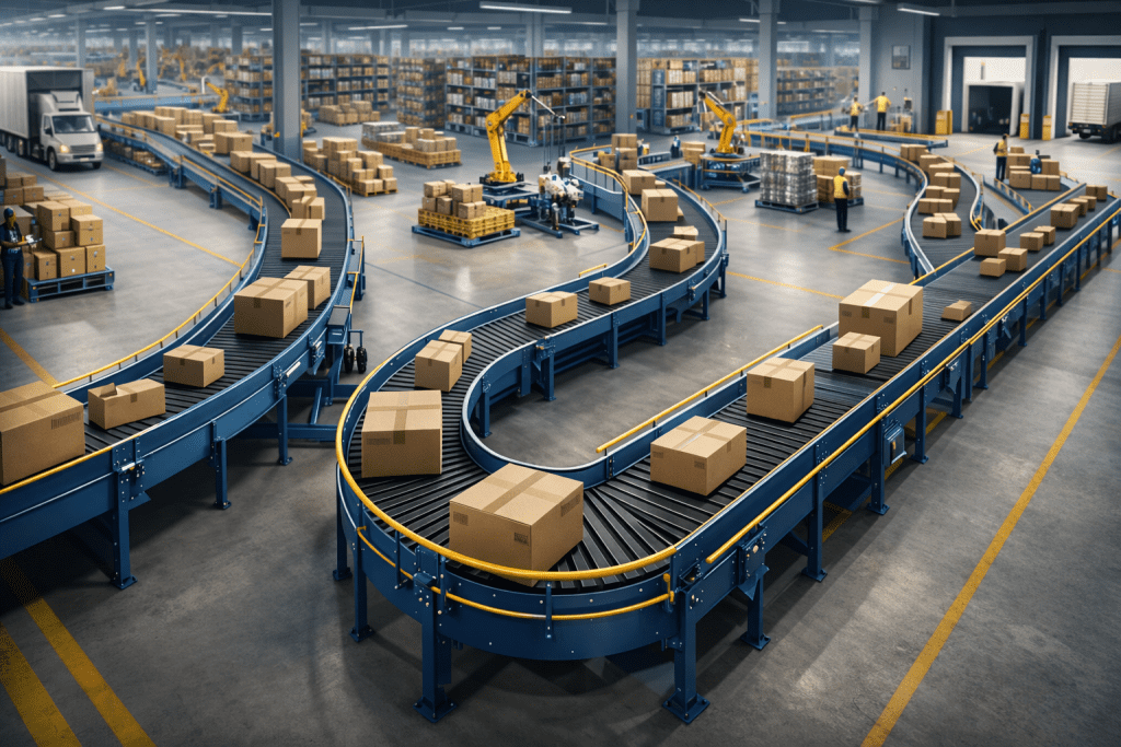 A busy warehouse with an industrial belt conveyor transporting cardboard boxes, robotic arms handling packages, and shelves filled with inventory. A truck is parked for loading or unloading in the background.