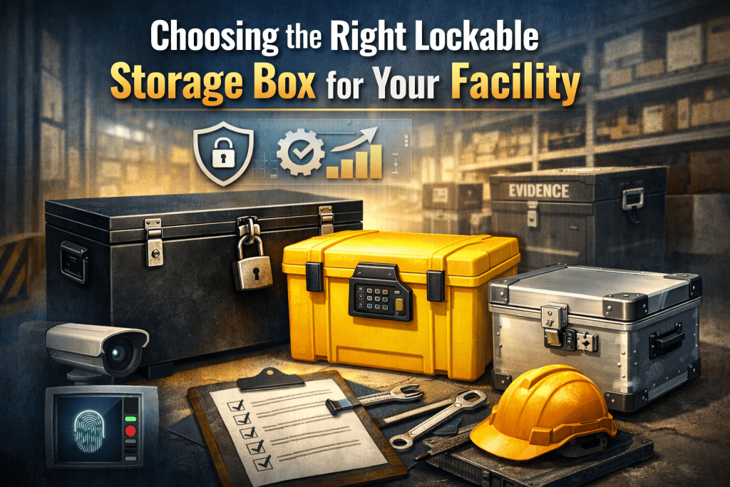Four different lockable storage boxes are displayed in a warehouse, with a hard hat, magnifying glass, security camera, and clipboard nearby. Text above reads, Choosing the Right Lockable Storage Box for Your Facility.