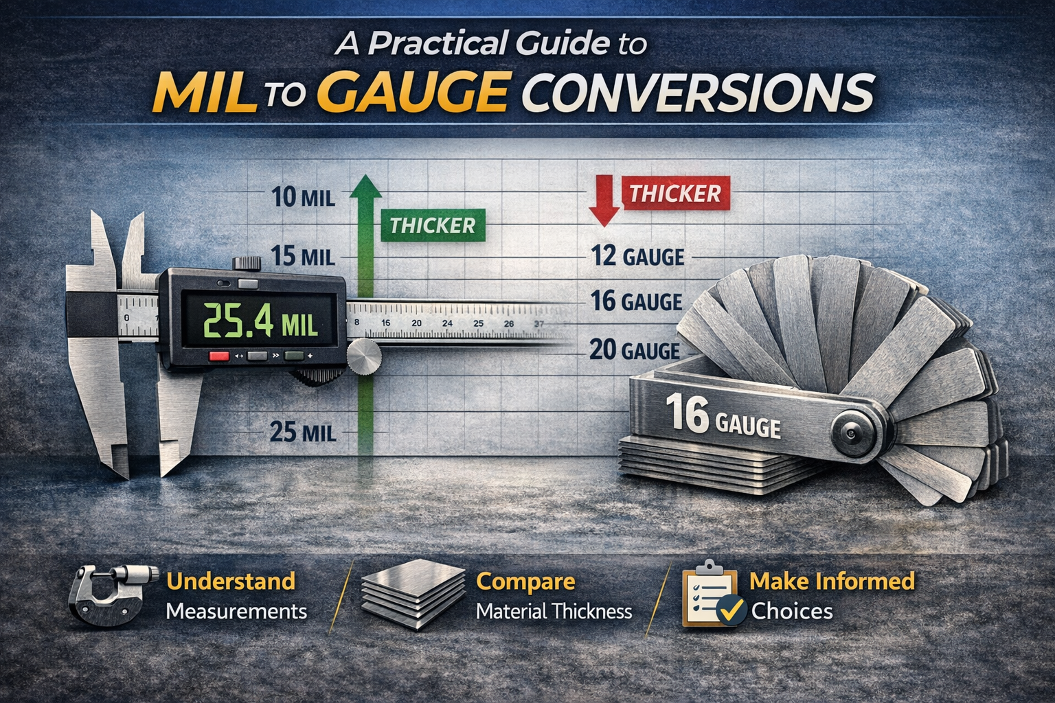 A digital caliper measures 25.4 mil on the left, a gauge wheel shows 16 gauge on the right, and a chart compares mil to gauge values, highlighting thicker and thinner measurements. Icons show steps for understanding and converting mil to gauge with ease.
