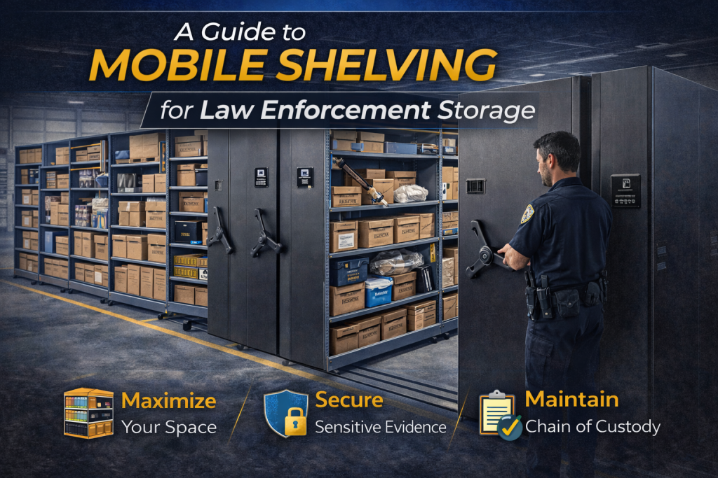 A police officer operates a mobile shelving unit filled with evidence boxes in a secure storage room. Text reads: Mobile Shelving for Law Enforcement—Maximize Space, Secure Sensitive Evidence, Maintain Chain of Custody.