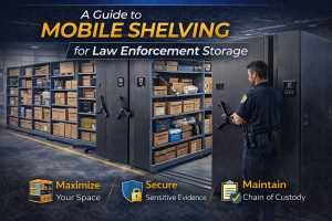 A police officer operates a mobile shelving unit filled with evidence boxes in a secure storage room. Text reads: Mobile Shelving for Law Enforcement—Maximize Space, Secure Sensitive Evidence, Maintain Chain of Custody.