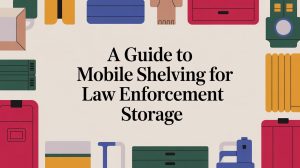 A graphic with colorful illustrated storage items surrounding the text “A Guide to Mobile Shelving for Law Enforcement Storage” on a beige background.