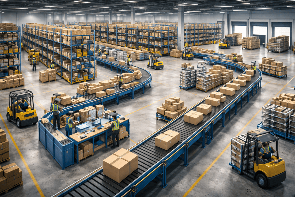A large warehouse with workers operating forklifts and conveyor belts, moving and sorting cardboard boxes on shelves and pallets. The bright, organized scene highlights efficient logistics operations designed to optimize warehouse layout.