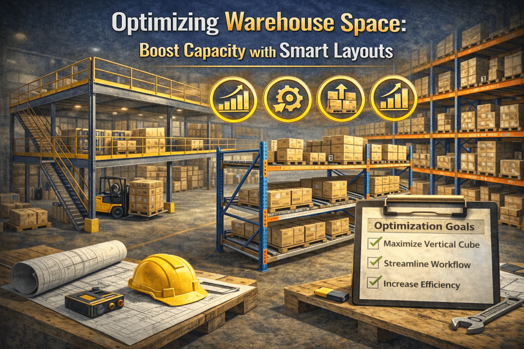 A warehouse with shelves full of boxes, a forklift, and a worktable with blueprints and a hard hat. Graphics highlight optimizing warehouse space, efficient workflow, and increased efficiency.