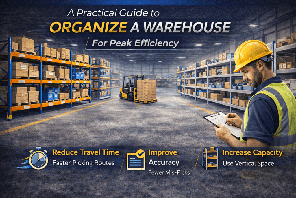 A warehouse with shelves of boxes, a worker in a hard hat holding a clipboard, and a forklift. Text highlights tips to organize a warehouse: reduce travel time, improve accuracy, and increase capacity for efficient operations.