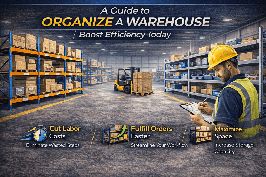 A warehouse with shelves of boxes, a forklift, and a worker in a hard hat using a clipboard. Text: Organize a Warehouse—Boost Efficiency Today with icons for cutting labor costs, fulfilling orders faster, and maximizing space.
