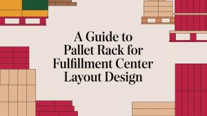Text in the center reads, “A Guide to Pallet Rack for Fulfillment Center Layout Design,” surrounded by illustrated rows of stacked pallets in red, tan, and green on a beige background.