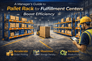 A warehouse with tall pallet racks holding boxes, a forklift moving a pallet, and a worker in a hard hat using a tablet. Text promotes pallet racks for fulfillment centers to maximize storage and boost efficiency.