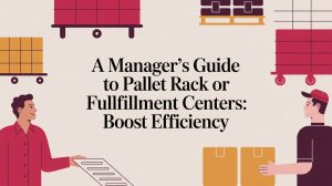 Illustration of two people in a warehouse with pallets, racks, and boxes. Text reads: “A Manager’s Guide to Pallet Rack or Fulfillment Centers: Boost Efficiency.”.