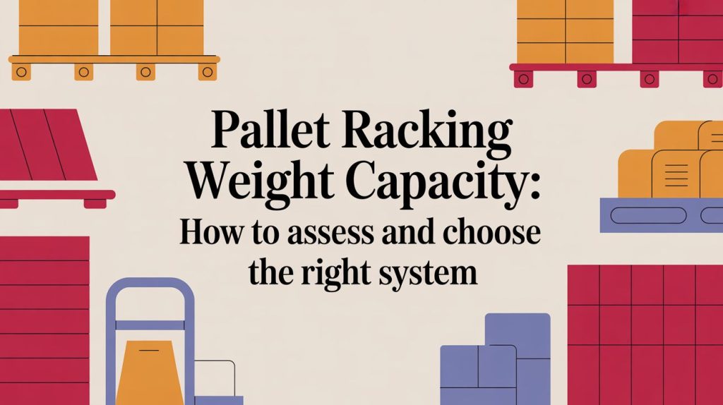 Illustration of warehouse shelving with pallets and boxes, featuring the title Pallet Racking Weight Capacity: How to assess and choose the right system.
