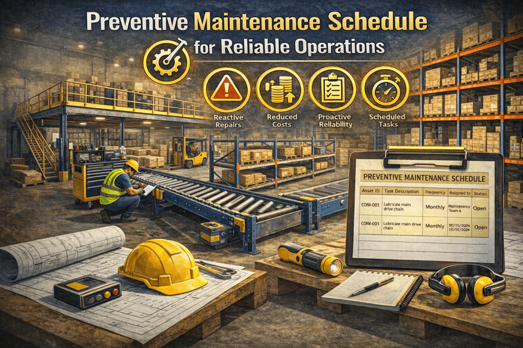 An industrial warehouse with shelves, machinery, and a worker inspecting a conveyor belt. Foreground shows safety gear, blueprints, and a preventive maintenance schedule template. Infographics highlight the benefits of preventive maintenance and sample schedules.