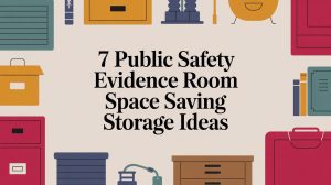 Illustration of colorful storage boxes, cabinets, and shelves surrounding the text: 7 Public Safety Evidence Room Space Saving Storage Ideas on a light background.