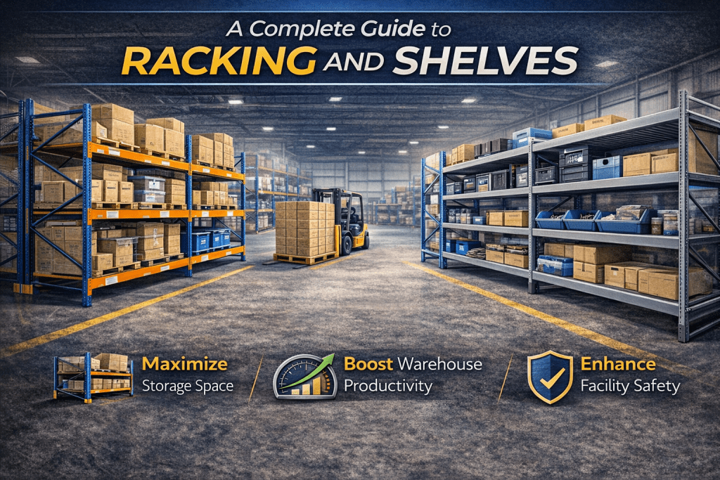 Warehouse interior with racking and shelves packed with boxes, plus a forklift moving pallets. Text highlights a guide to racking and shelves, emphasizing storage space, productivity, and facility safety.
