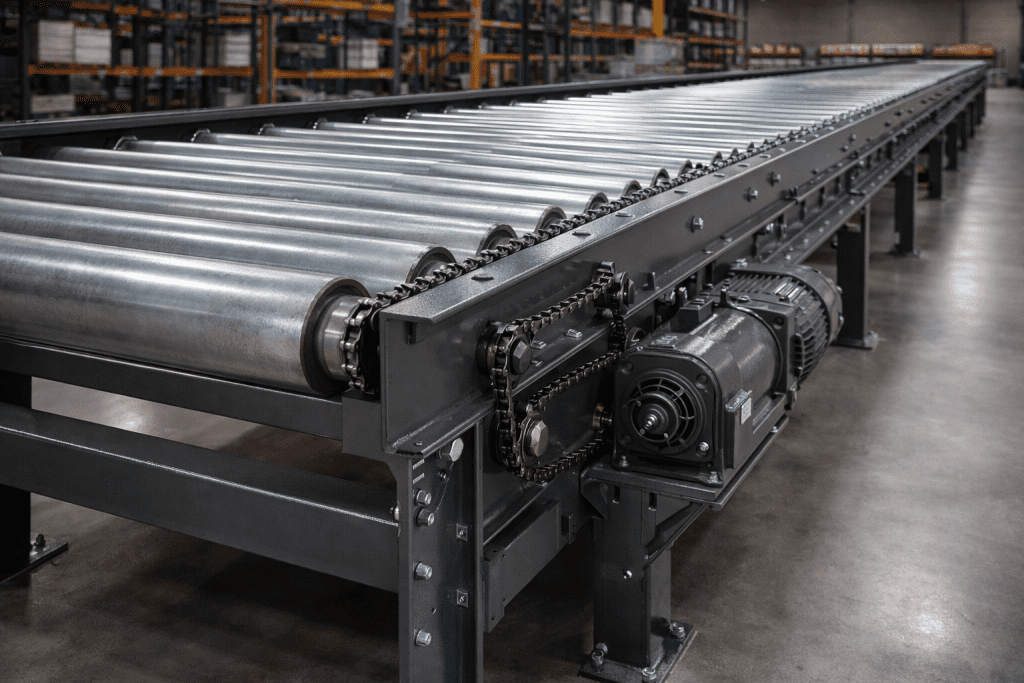 A close-up view of a heavy duty industrial roller conveyor system with metal rollers and a motorized chain drive, set inside a warehouse with shelves and concrete floors in the background.