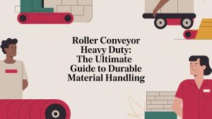 Illustration with people using roller conveyors and boxes, featuring the text: Roller Conveyor Heavy Duty: The Ultimate Guide to Durable Material Handling.